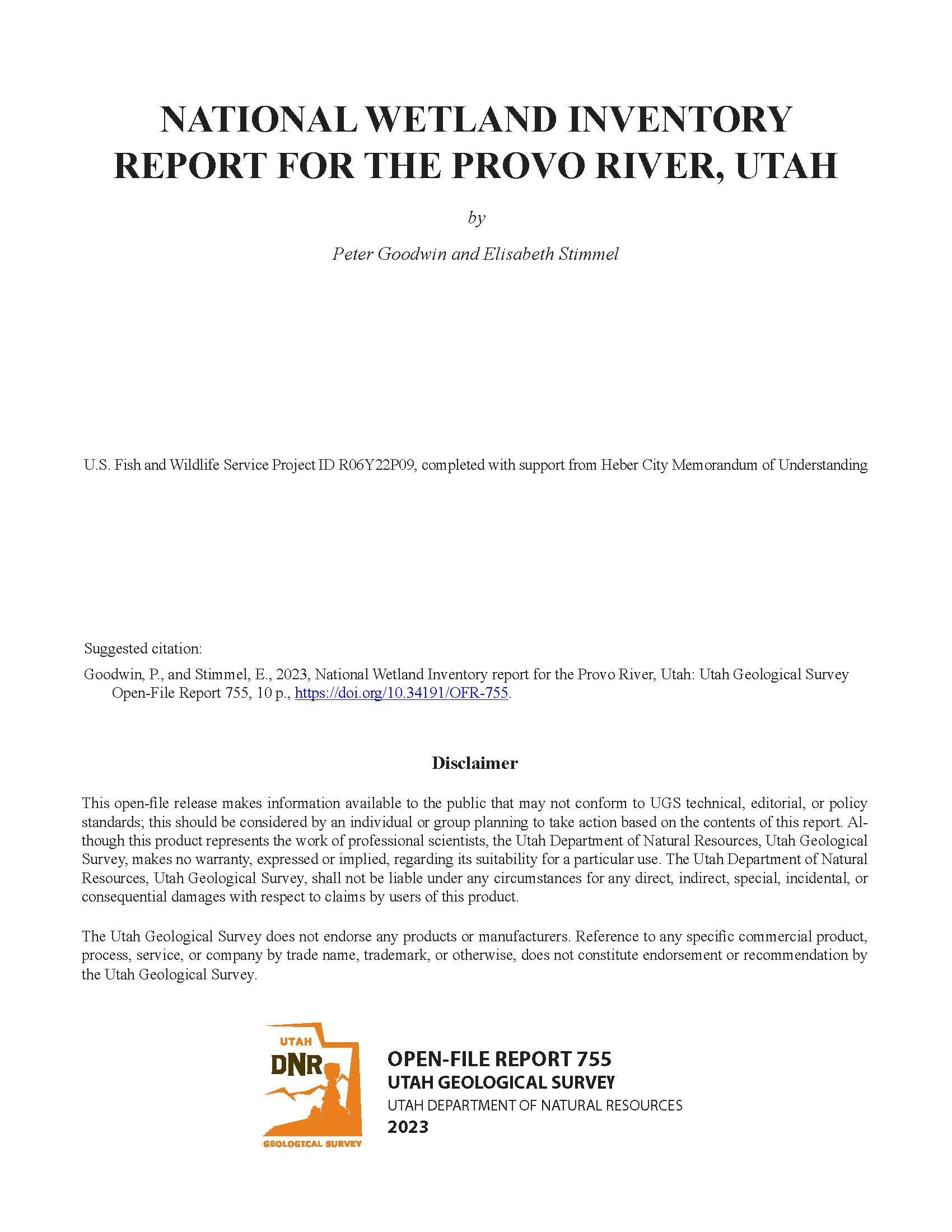 National Wetland Inventory Report for the Provo River, Utah (OFR-755 ...