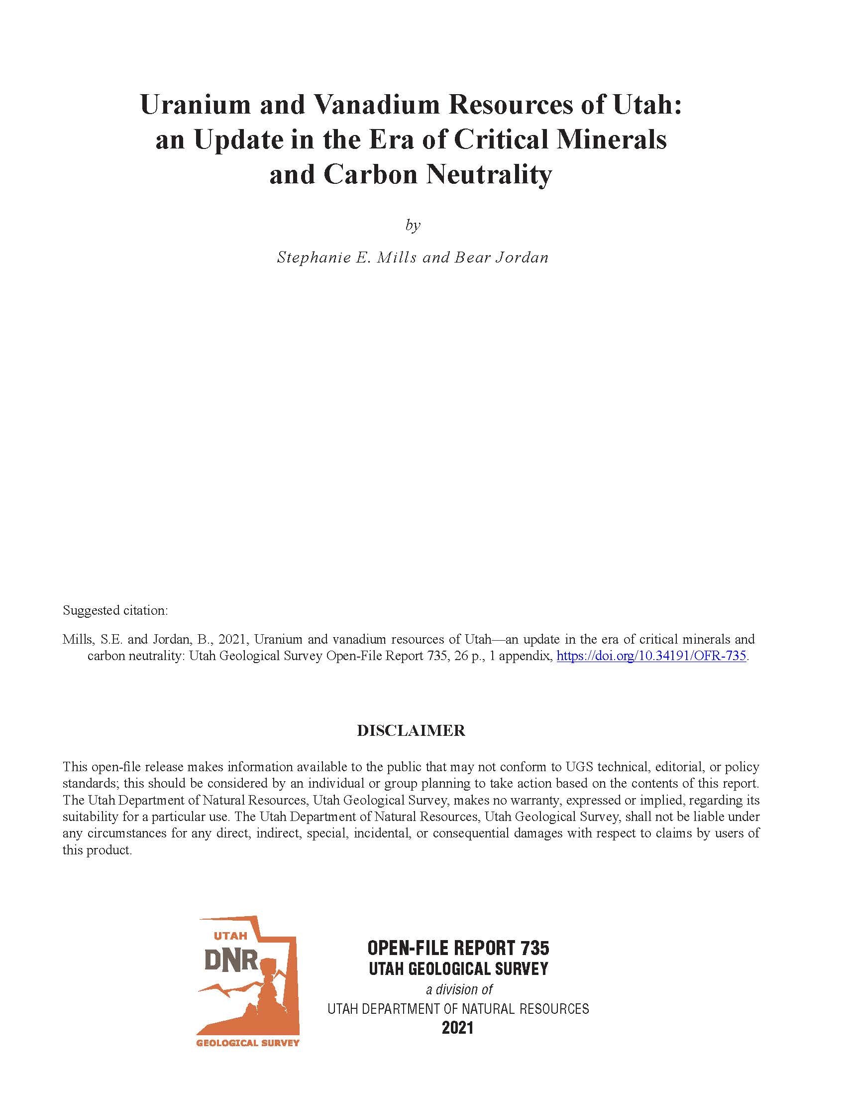 Uranium and Vanadium Resources of Utah: An Update in the Era of Critical Minerals and Carbon Neutrality (OFR-735)