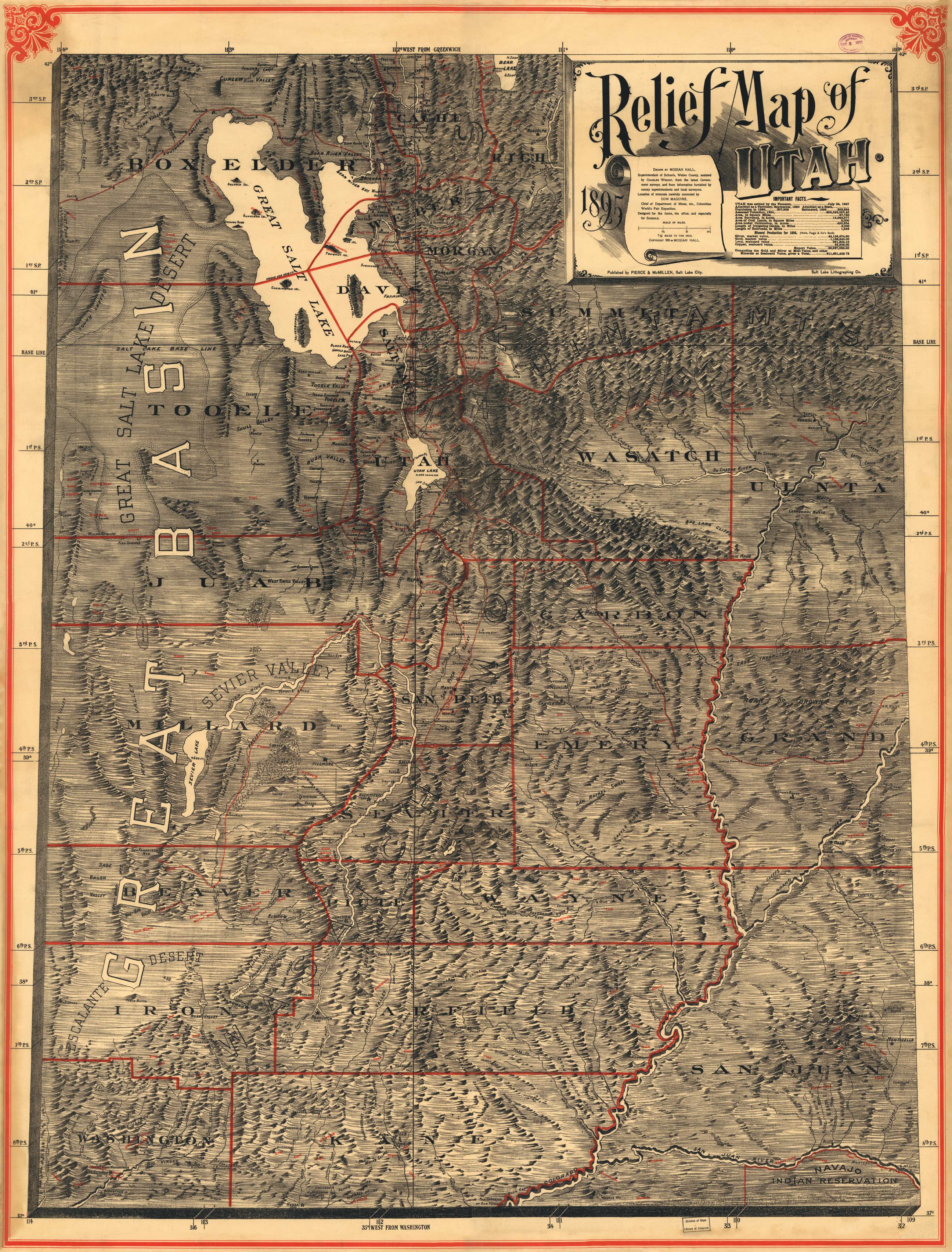 1895 Historical Relief Map of Utah