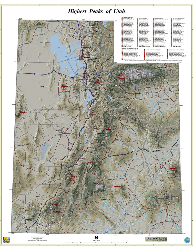 Highest Peaks of Utah Wall Map Natural Resources Map & Bookstore